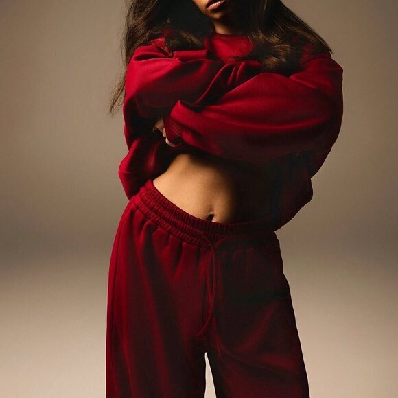 Burgundy Casual Women's Crew Neck Long Sleeve Top & Drawstring Pants Sports Set - Picture 4 of 7